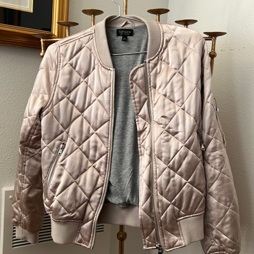 Topshop Quilted Satin Bomber Jacket in Light Pink